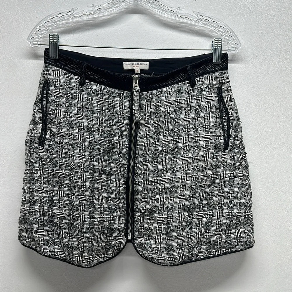 Opening Ceremony Skirt Mini Tweed Zip Front Pockets Plaid Black White Size 6